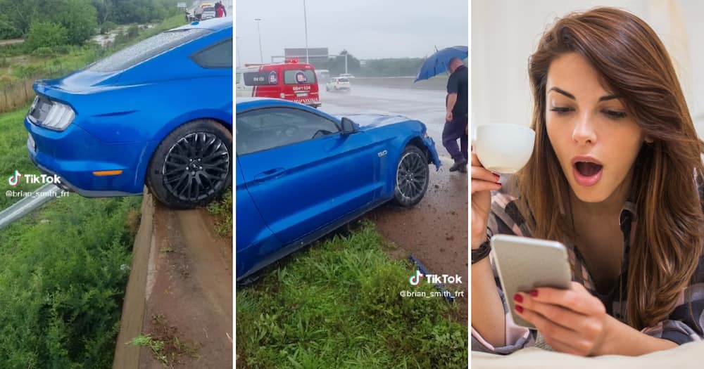 A driver was lucky to escape a potentially lethal crash on a rainy day.