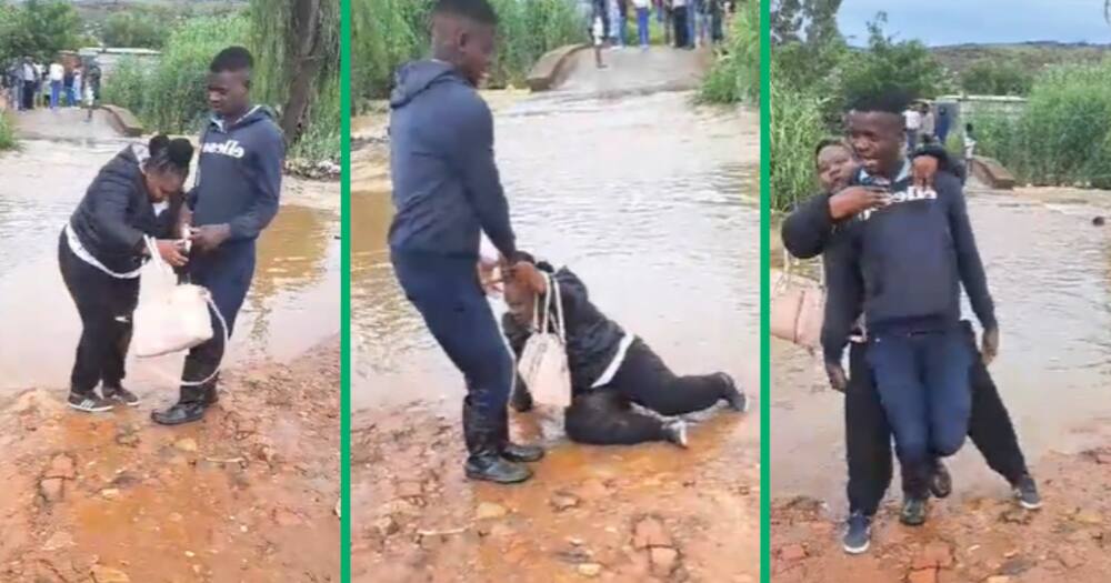 TikTok video shows kind man carrying lady across flooded street, but drops her and Mzansi laughs