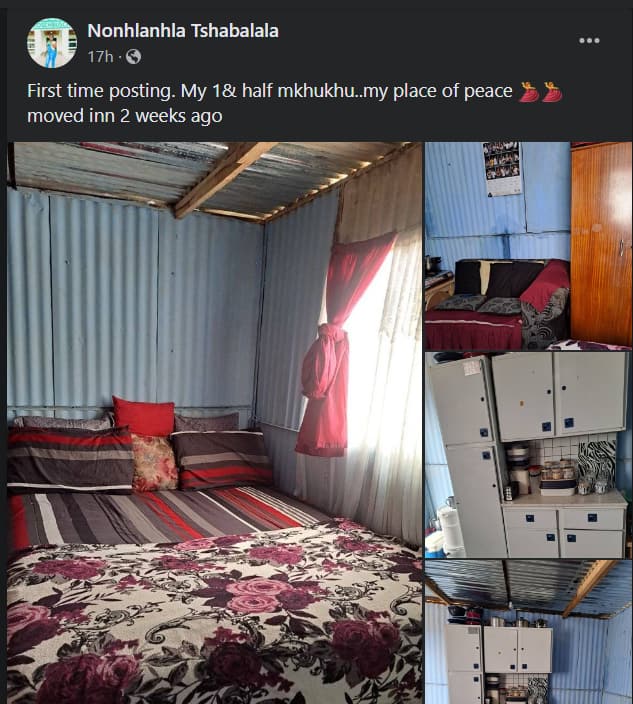 A woman shared photos of her one-room mkhukhu (shack) on Facebook