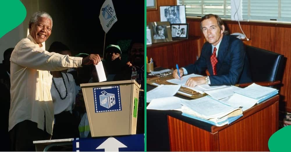 Nelson Mandela casts a vote and Dr Christiaan Barnard sits at his office desk in Cape Town.