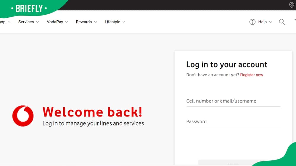 A screenshot of the Vodacom website log in page
