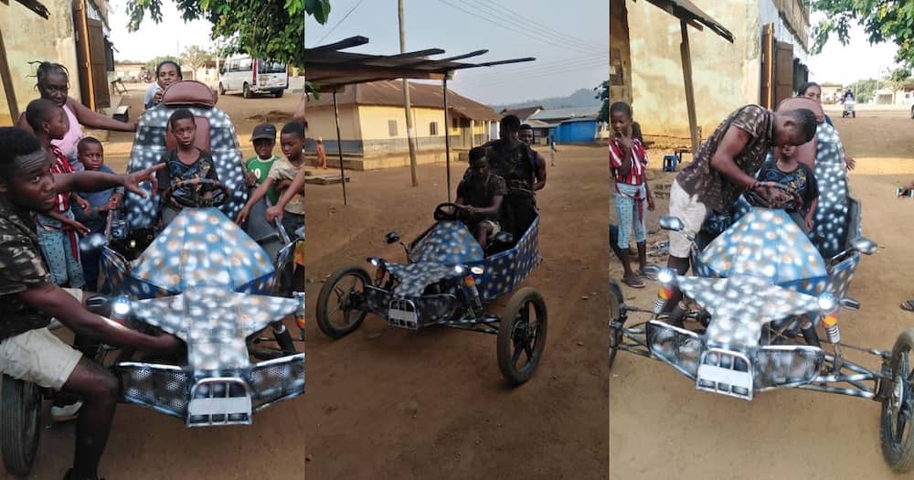 Young Ghanaian inventor builds unique tricycle; takes it out for ride in photos
