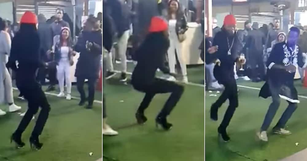 Men dancing in heels, drunk guy tries to dance with men in heels, man cannot keep up with guy dancing in heels, Mzansi reacts to guy doesn't in heels