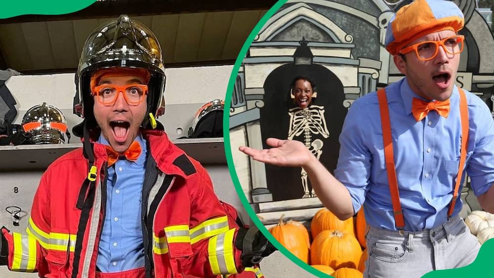 Blippi wearing a firefighter's suit (L). The YouTuber in his signature attire (R)