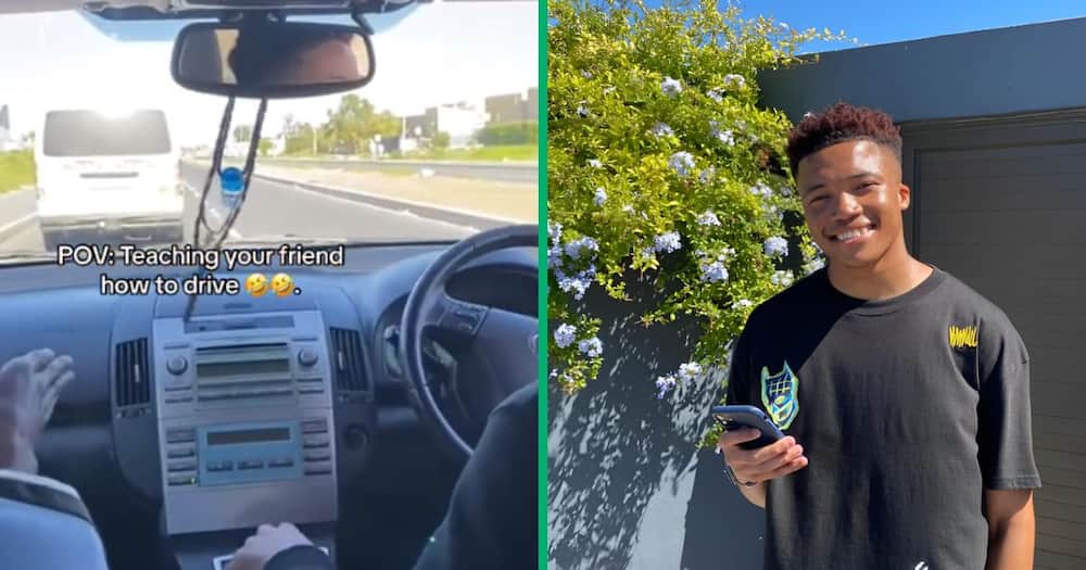 A TikTok video showed a man hilariously teaching his friend to drive.