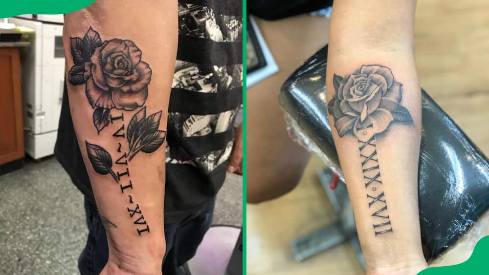 Rose with dates in numerals tattoo