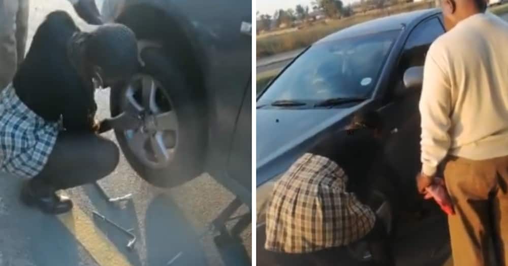 TikTok video of woman changing a flat tyre while her father supervises