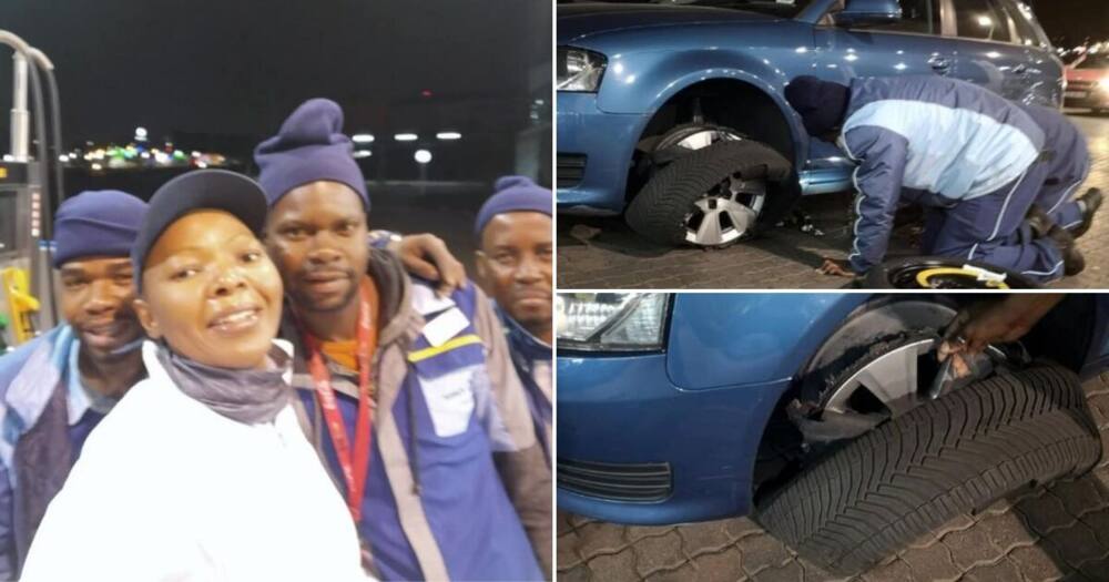 Ubuntu: Petrol attendants rush to help woman with shredded tyre