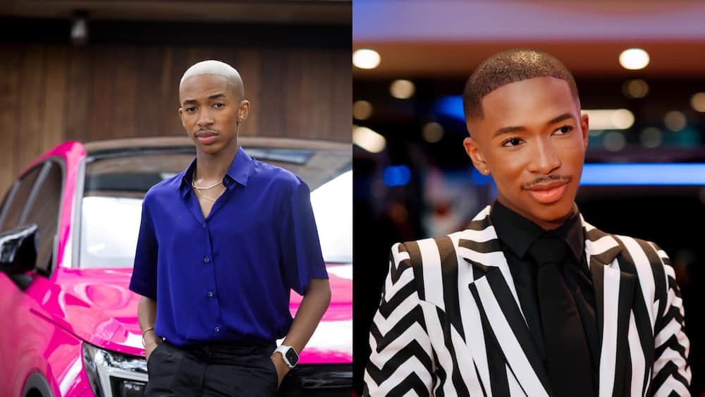 Lasizwe Dambuza in blue, black, and white outfits