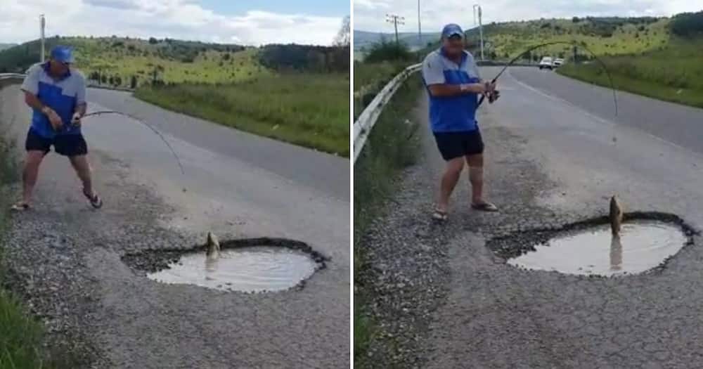 Video of South African man fishing in a pothole