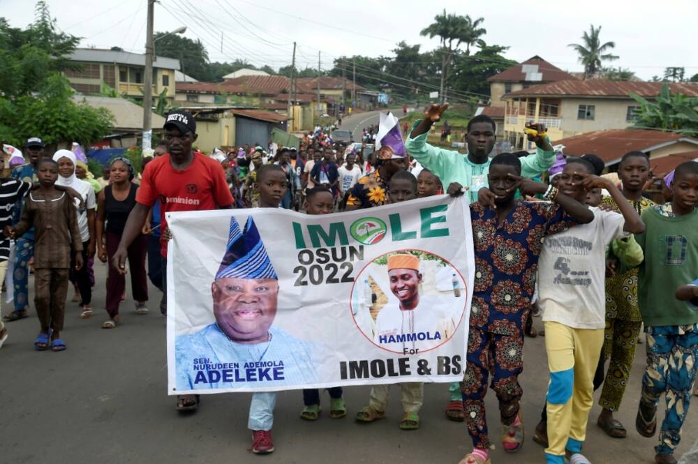 Supporters celebrate the election victory of Ademola Adeleke in Ido Oshun, Osun State on Sunday