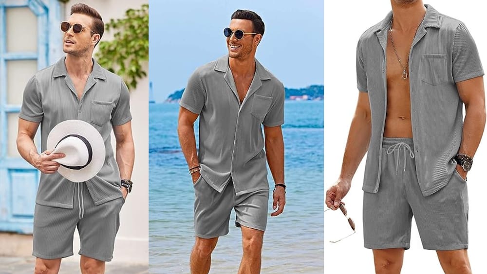 Two-piece matching set with a button-down shirt and shorts with elastic waist drawstring