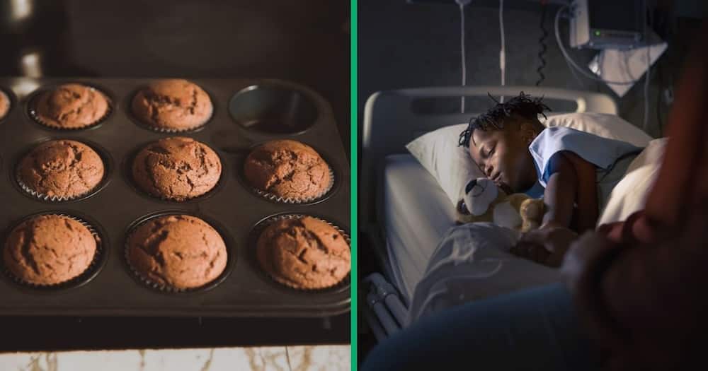 Collage image of muffins and a child sleeping in a hospital bed