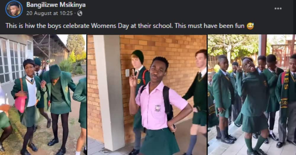 Schoolboys dressed up in girls uniform to celebrate Women's Day.