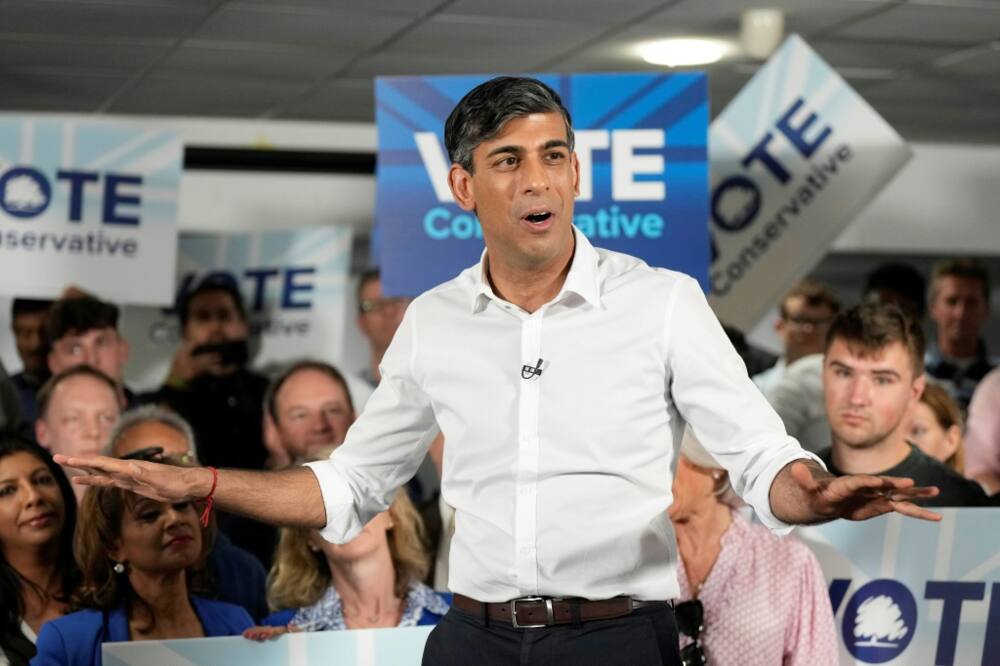 Britain's Prime Minister and Conservative Party leader Rishi Sunak campaigning on May 27, 2024, ahead of the UK general election on July 4