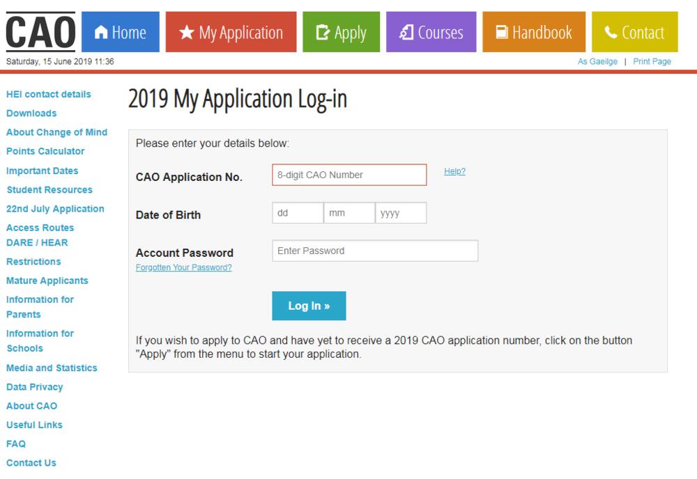 CAO online application process, dates, and requirements