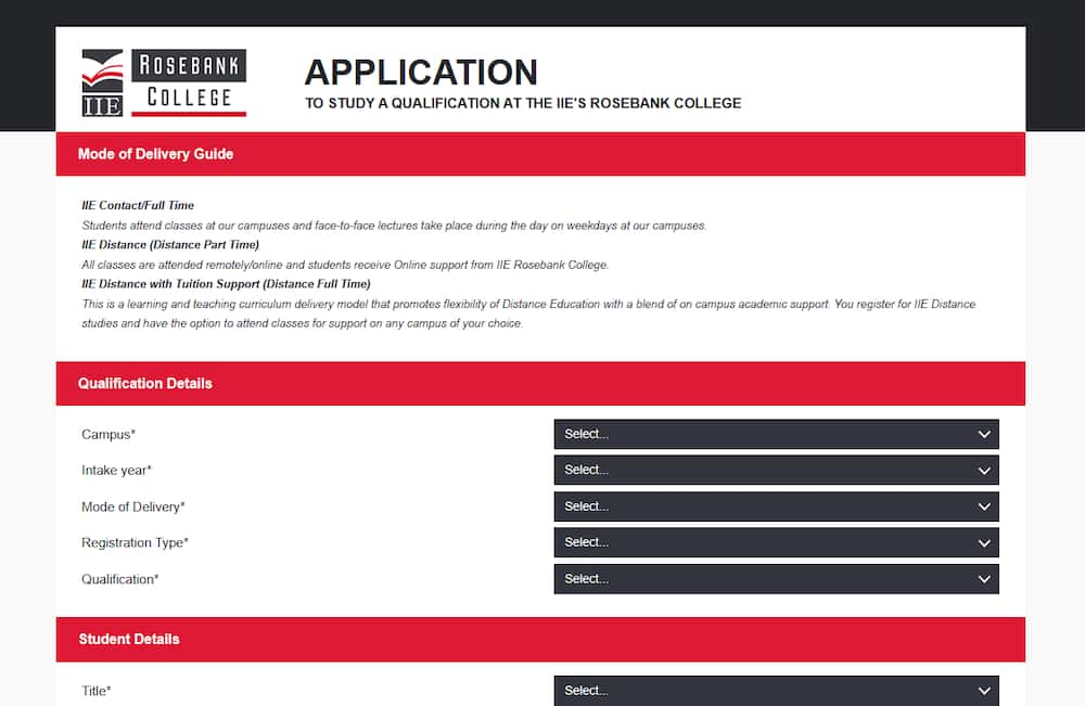 Rosebank College application form