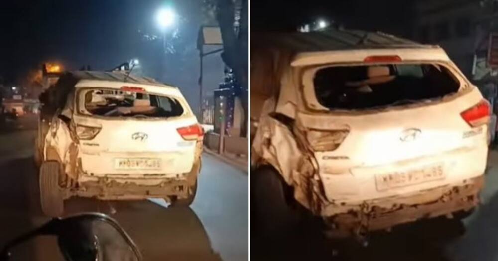 Wrecked car, Hyundai, still driving, SUV, no bumper, wobbling car, viral videos, trending news