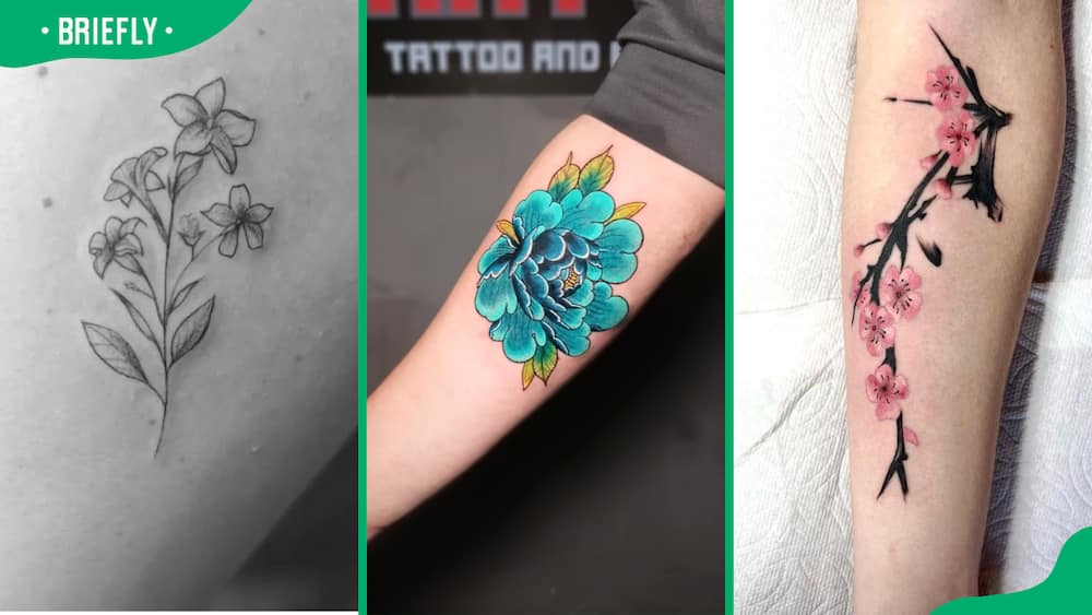 Jasmine (L), Peony (C) and Cherry Blossoms (R) tattoos