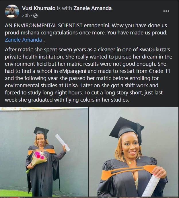 A South African woman, overcame challenges to achieve her dream of obtaining a degree in environmental sciences
