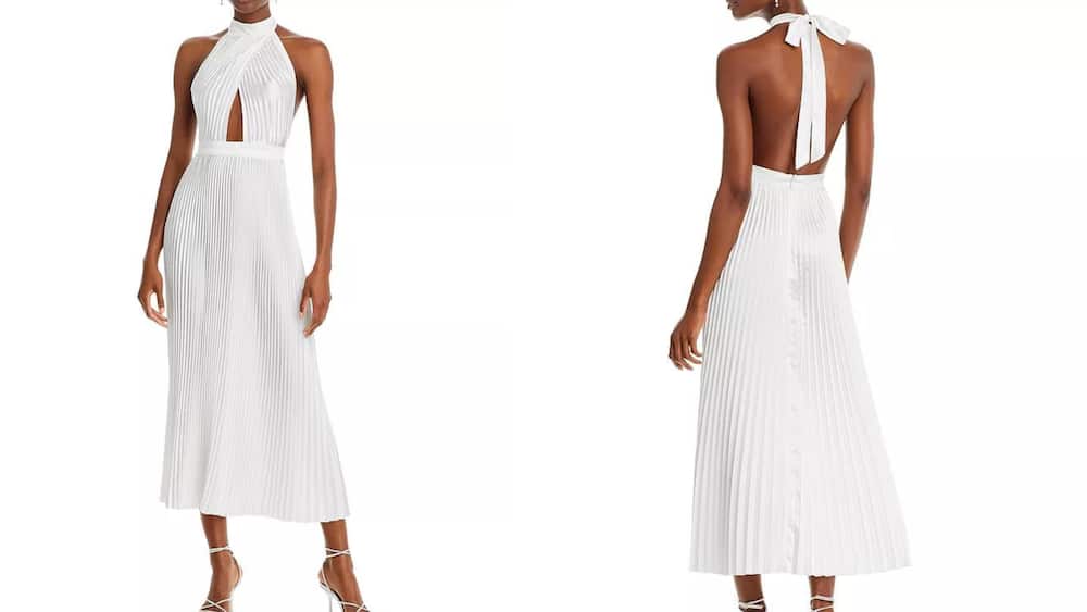 White A-line gown with pleats and a halter mock neck