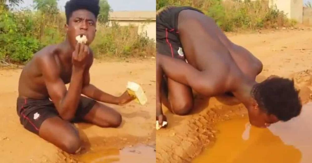 Man spotted taking bread with polluted water as 'tea'; Ghanaians can't keep calm