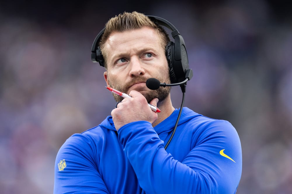 Sean McVay of the Los Angeles Rams looks on during the first half against the New York Giants