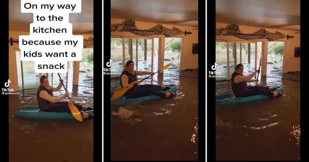 TikTok video of a woman rowing a boat in a flooded home