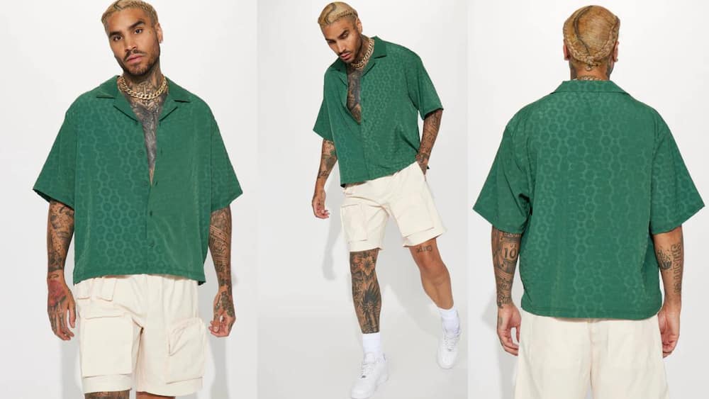 Green button-down shirt with circle patterns and white cargo pants