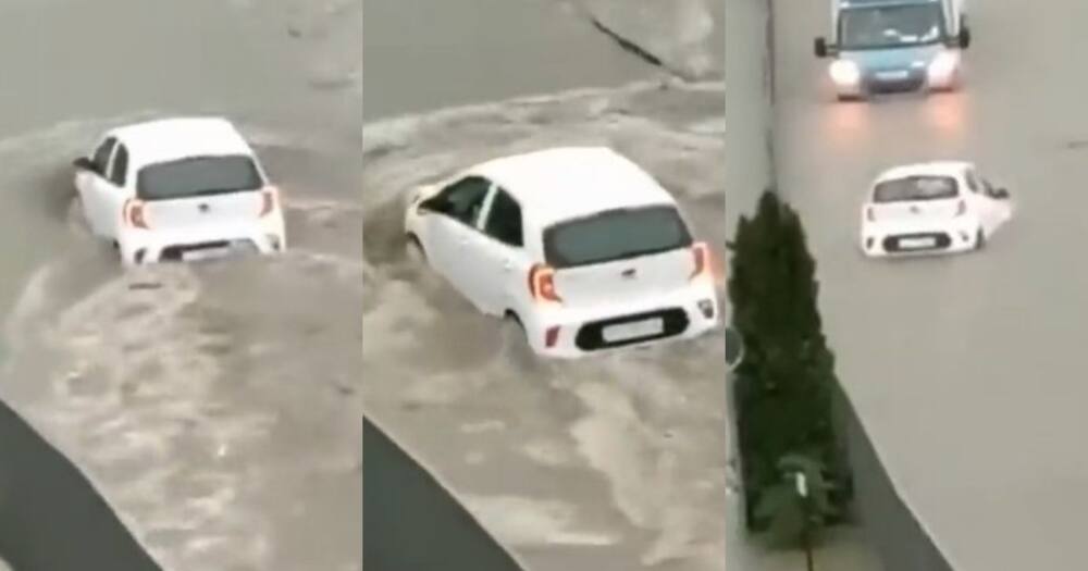 KIA Picanto, hilarious, driving through flooded street, Mzansi can't deal