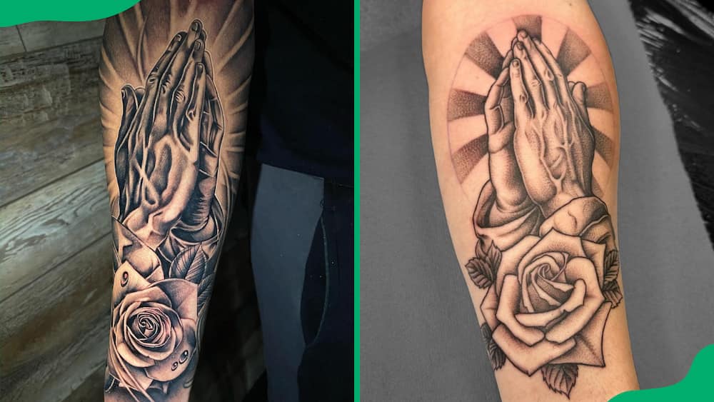 Praying hands rose tattoo