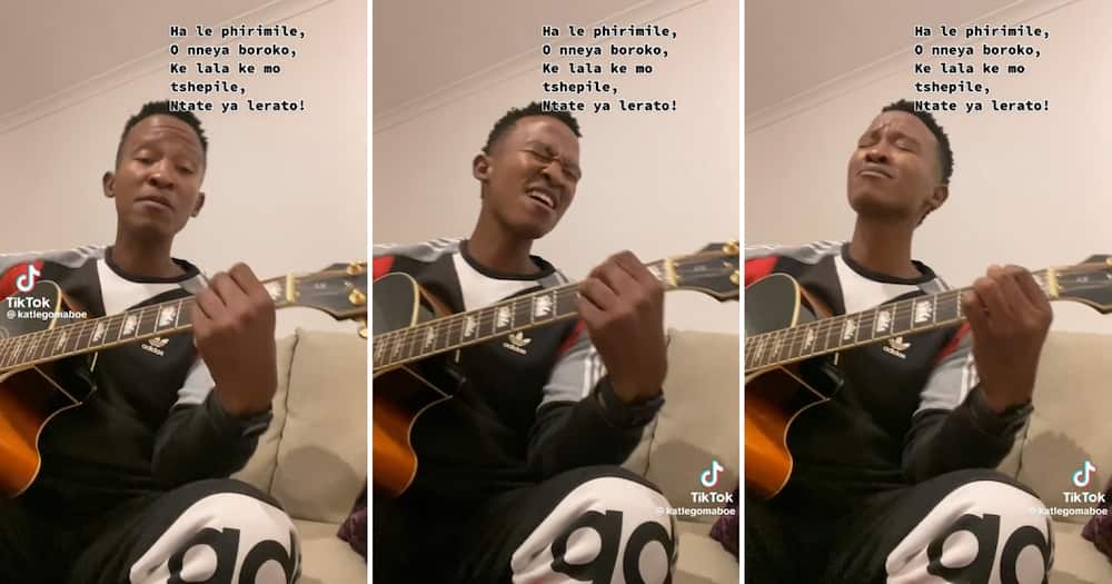 Katlego Maboe sang a Tshwana hymn and while playing the guitar