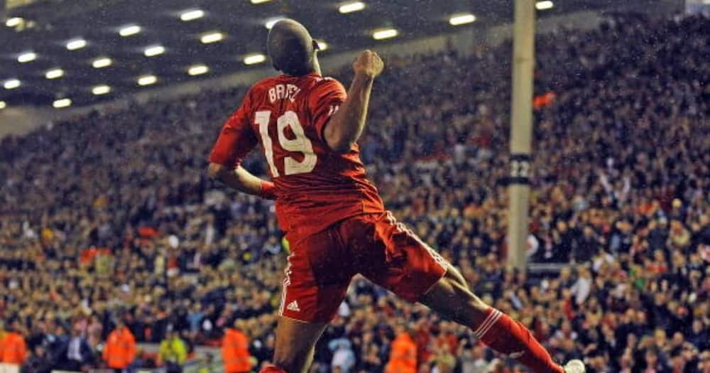 Ryan Babel of Liverpool celebrates scoring the first goal during the UEFA Europa League, Play off, first leg Qualifying match between Liverpool and Trabzonspor at Anfield on August 19, 2010. (Photo by John Powell/Liverpool FC via Getty Images)