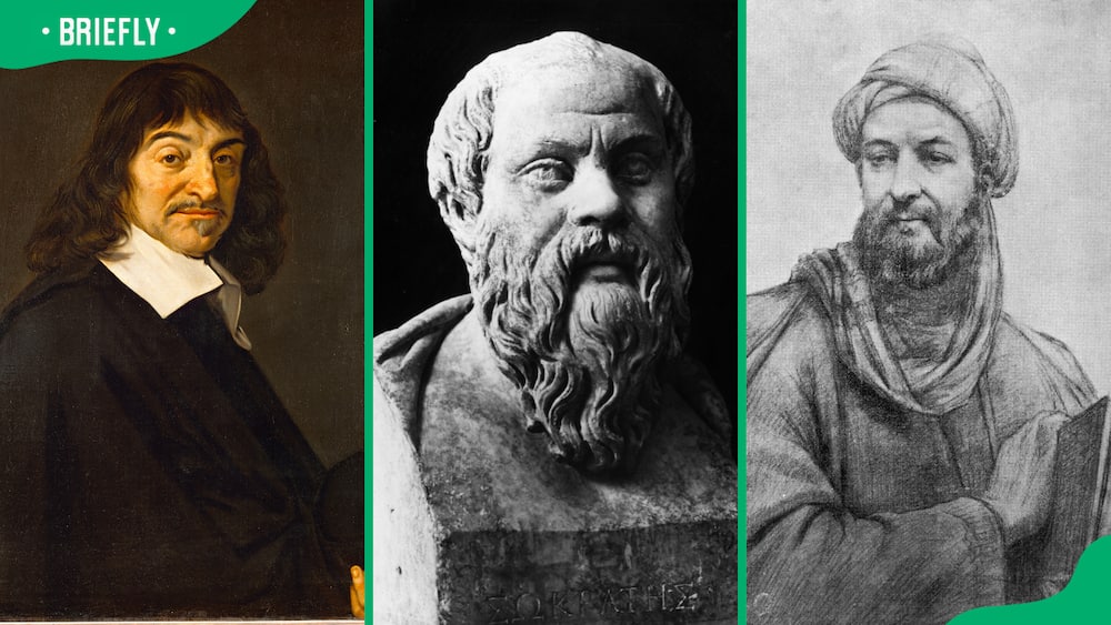 Famous philosophers René Descartes (L), Socrates (C), and Avicenna (R)
