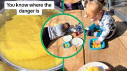 Domestic helper cooks pap and cabbage meal for family, little boy enjoys it and she passes out from food coma