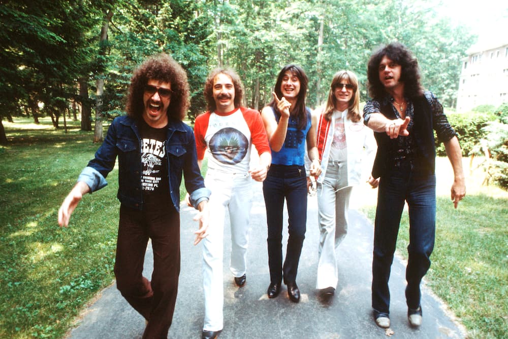 Neal Schon, Steve Smith, Steve Perry, Ross Valory, and Gregg Rolie of Journey rock band during a New York photoshoot in 1979.