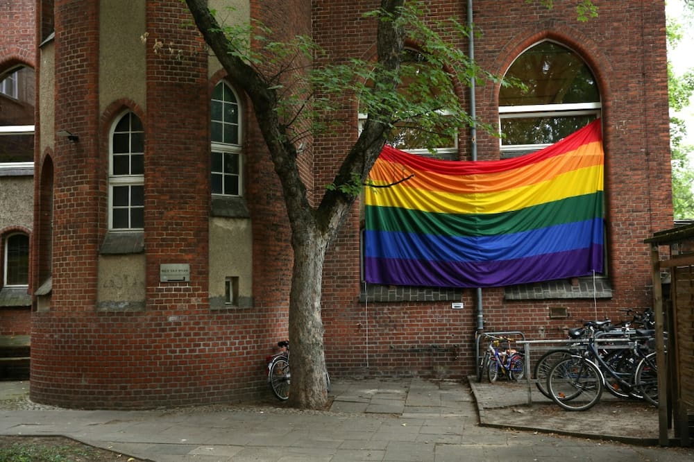 A rainbow flag hangs outside the Ibn Rushd-Goethe mosque in Berlin