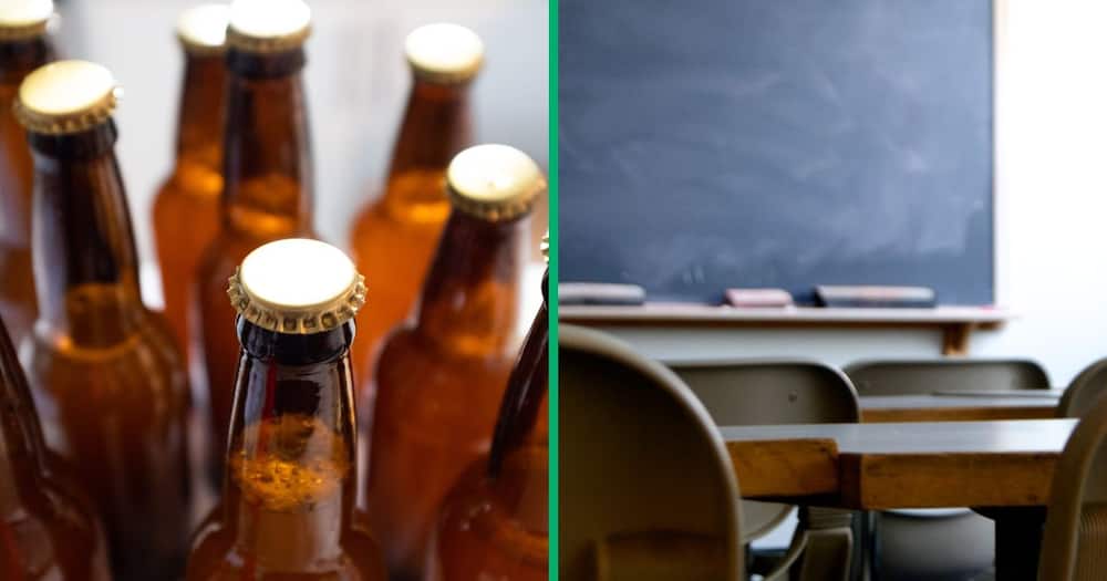A picture of beer bottles and an empty classroom