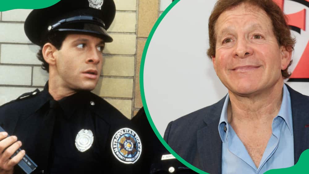 Steve Guttenberg from a scene of Police Academy 2 and him at an event in 2023