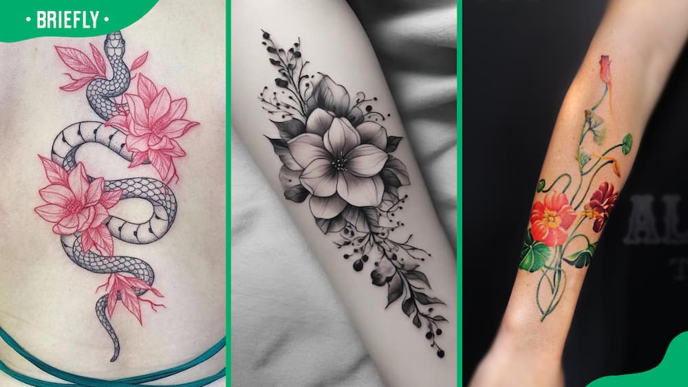 Snake and flower (L), black and white (C), and colourful flower tattoos (R)