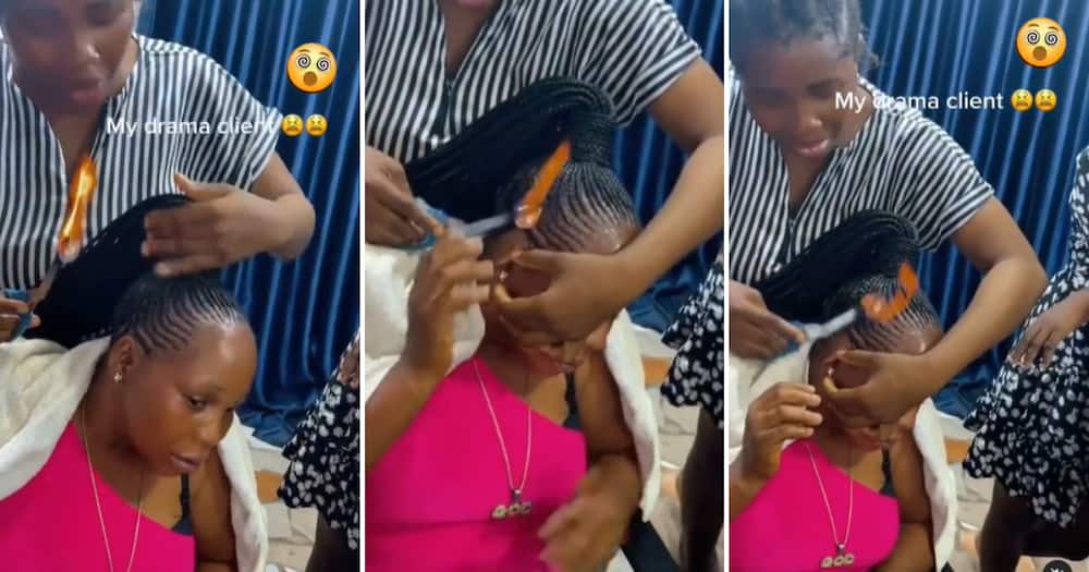 Hairdresser taking a flame to braids