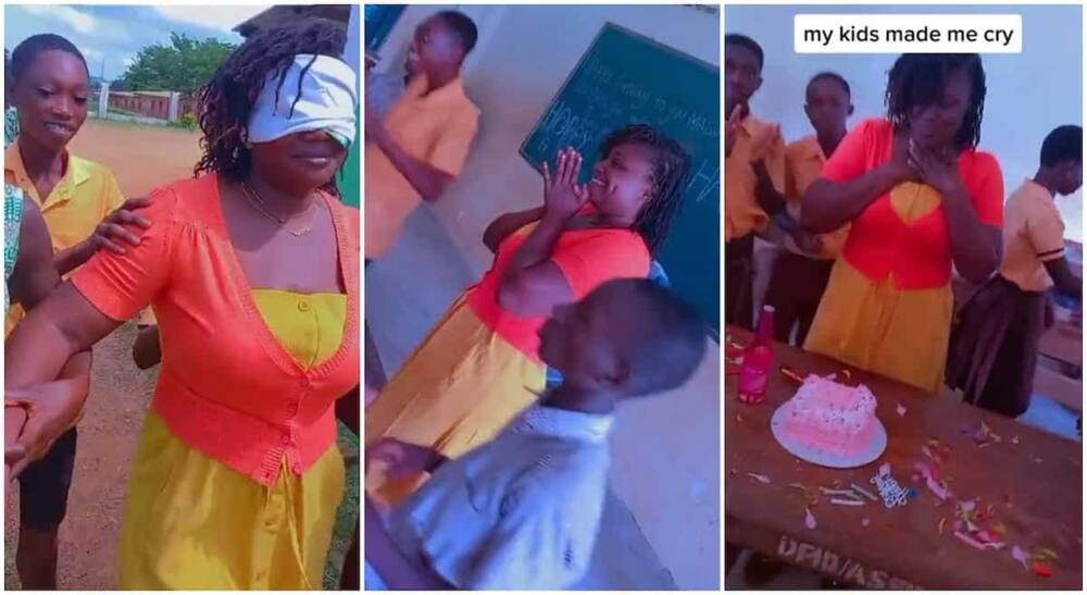 Photos of school children giving their teacher a birthday cake
