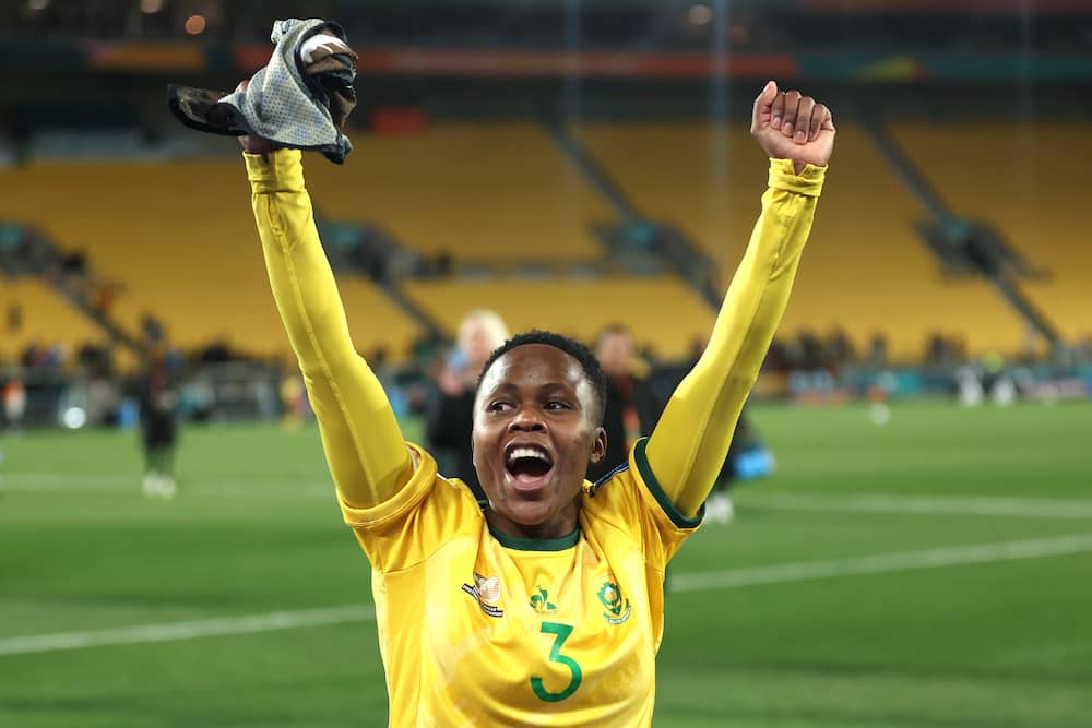 Bongeka Gamede celebrates during the FIFA WWC Australia & New Zealand 2023 Group G match between SA and Italy at Wellington Regional Stadium on 2nd August 2023.