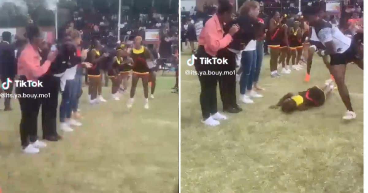 Over excited cheerleader gets knocked over by rugby player in hilarious video
