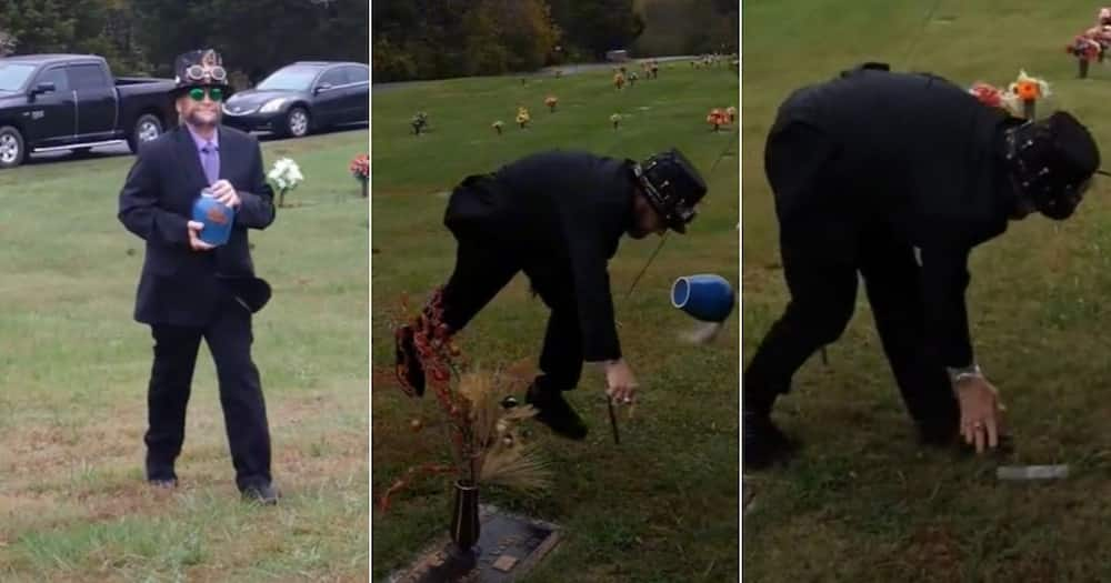 funeral, high, fun, joke, man, urn, ashes, mourners, TikTok, video, clip, grass, co