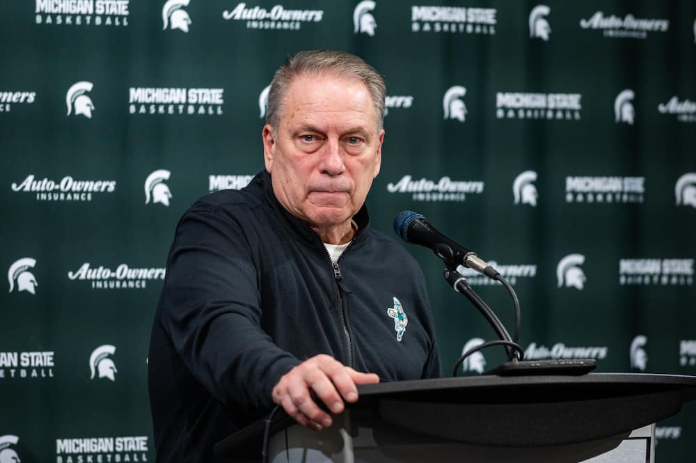 Tom Izzo of the Michigan State Spartans speaks to media
