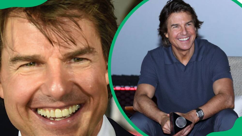 Tom Cruise's discoloured teeth (L). The actor flaunting his beautiful smile (R)