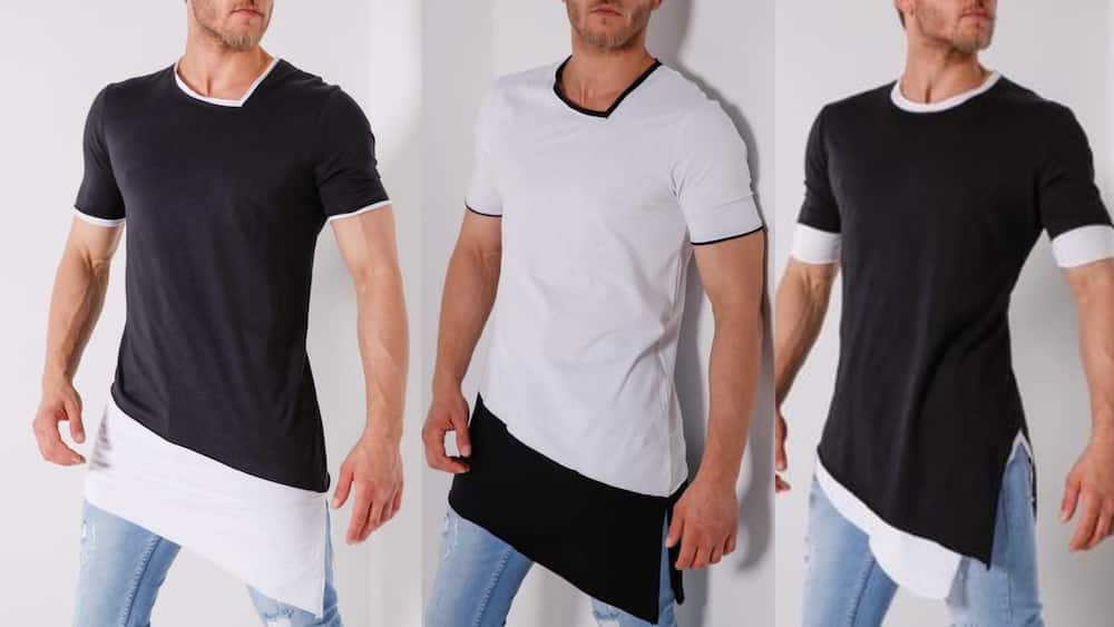 Short-sleeved black and white T-shirt with asymmetrical hemline and blue jeans