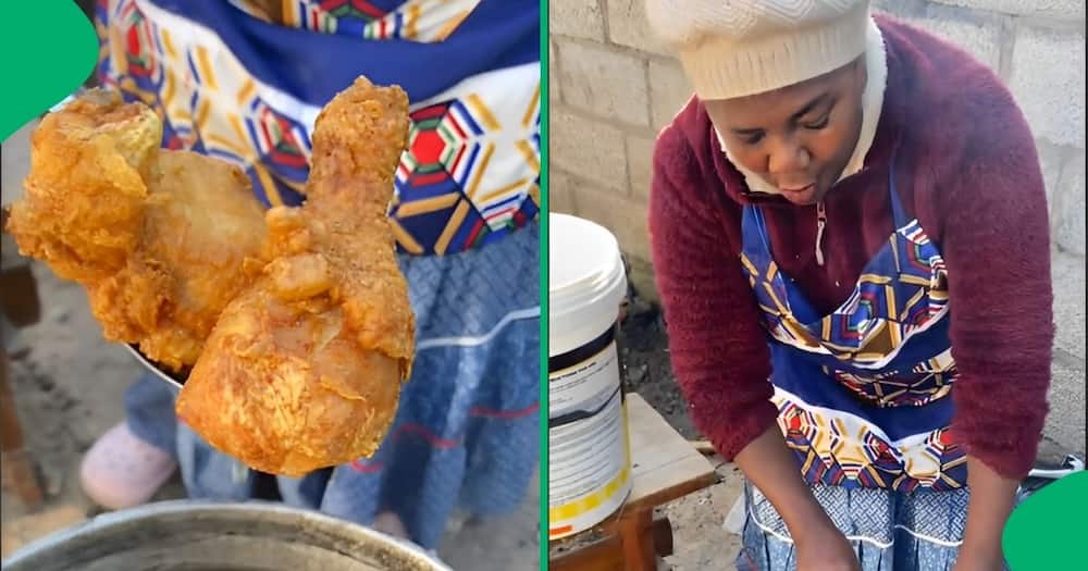 A woman showcased her amazing fried chicken cooked in a large pot over a fire