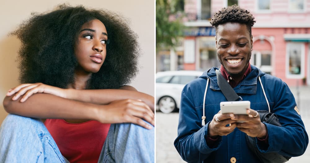 A woman staring at a happy man on the phone